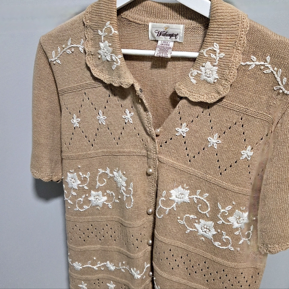 Worthington Beige Knit Cardigan with Ivory Floral Details